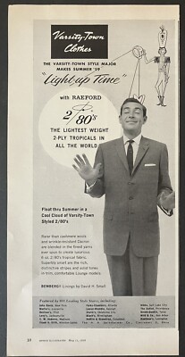 1959 Varsity-Town Clothes Raeford 2/80's Man Suit Tailored B&W Vintage Print Ad