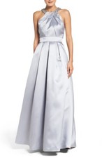  ELIZA J BEADED PLEATED SILVER GOWN DRESS sz  2