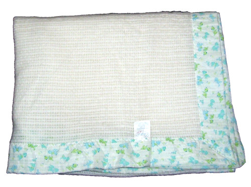 VTG EUC Carters Baby Blanket Waffle Weave Nylon Trim Bunny Bears White 36x56