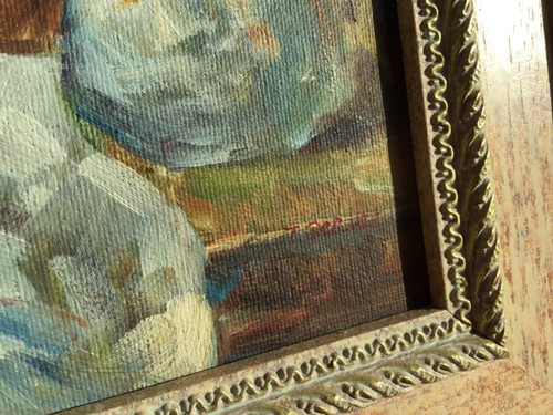 TABLEAU NATURE MORTE VINTAGE ANCIENNE PICHET FRUITS TISSU SIGNEE - Foto 6 di 7