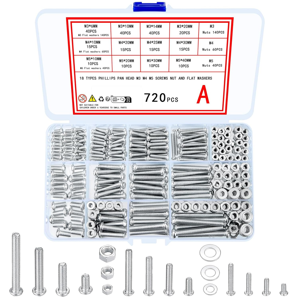 720 Pcs Nuts and Bolts Assortment Kit, M3 M4 M5 Carbon Steel Screws