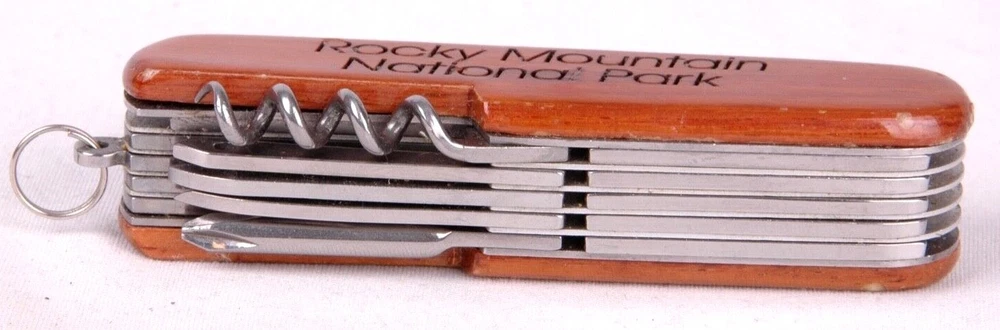 Multi Tool 3 1/2" Pocket Knife Engraved Rocky Mountain National Park Wood Handle