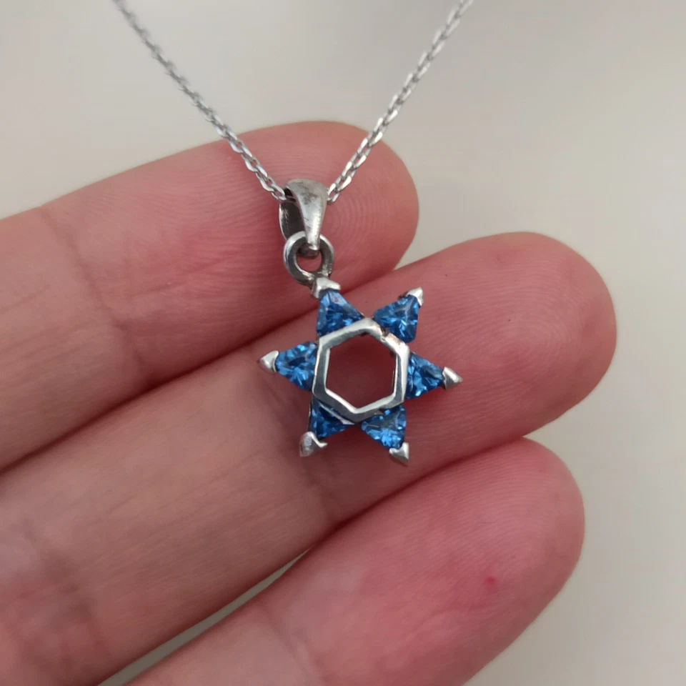 Colar de Prata Azul Estrela de David Cristal Israel 925 Masculino Feminino Presente Vintage - Imagem 4 de 4