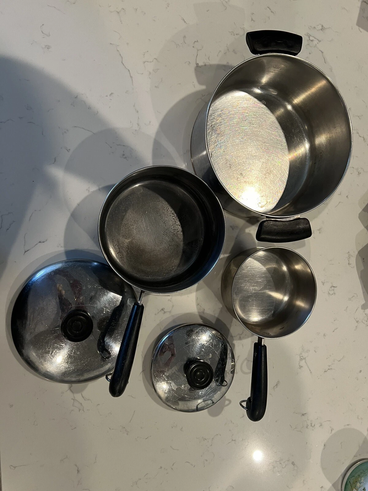 5 piece Vintage REVERE WARE Clinton Copper Bottom Stainless Pans Set 1QT 2QT 4QT