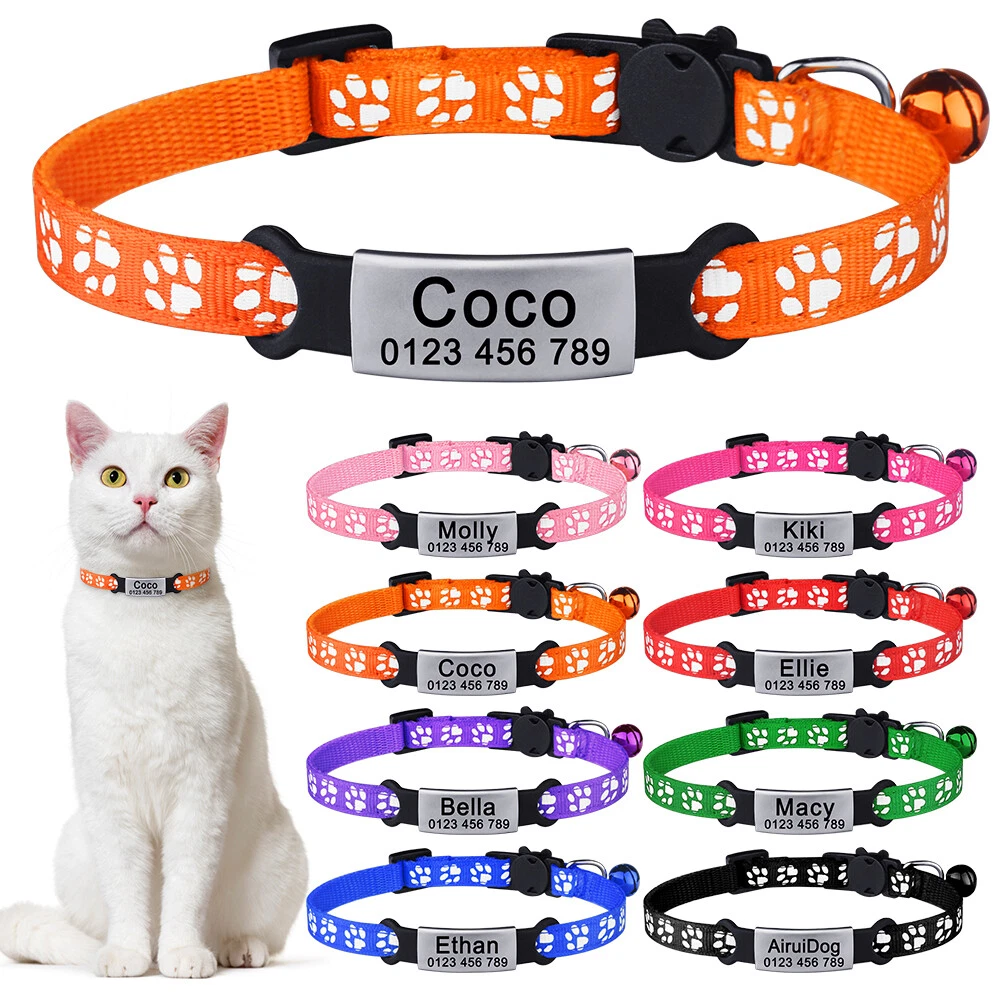 Personalized Cat Collar Bell Engraved Name Tag Kitten Safety Release Boy  Girl | eBay