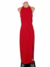 Vintage 90s After Six Red Long Evening Dress Corset Back High Halter Neck Slit