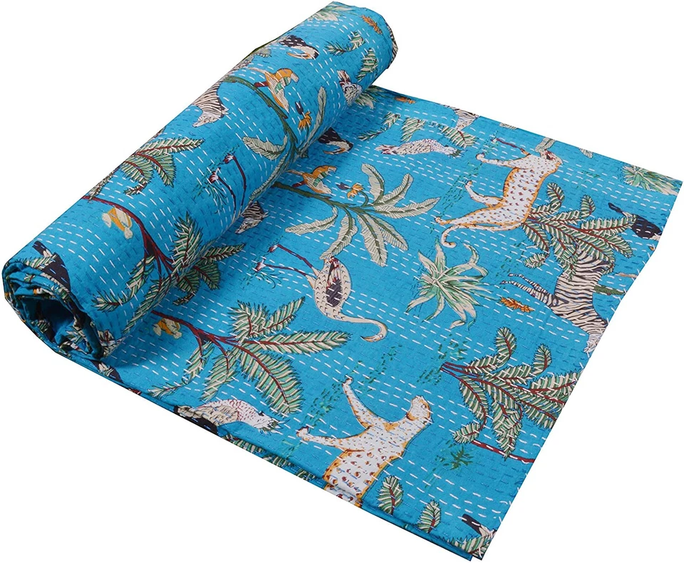 Colcha indiana Kantha estampa floral animal algodão turquesa cobertor - Imagem 2 de 4