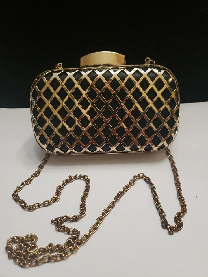 Bolso de mano metálico dorado negro vintage para mujer pequeño sin asas cadena correa para el hombro