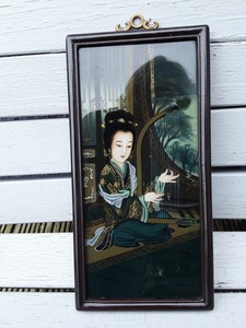 ANTIQUE SMALL ORIENTAL HAND PAINTED PAINTING OF A LADY PLAYING THE HARP