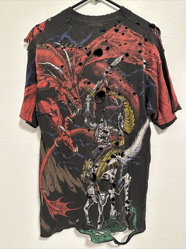 Vintage 1993 Liquid Blue T-Shirt Dragon Vs Knight All Over Print Sz L Trash - Picture 9 of 14