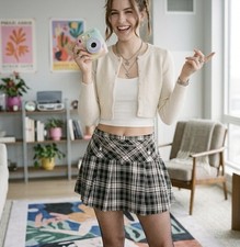 Vintage Y2K White Black Plaid Pleated Mini School Skirt Women's Size S