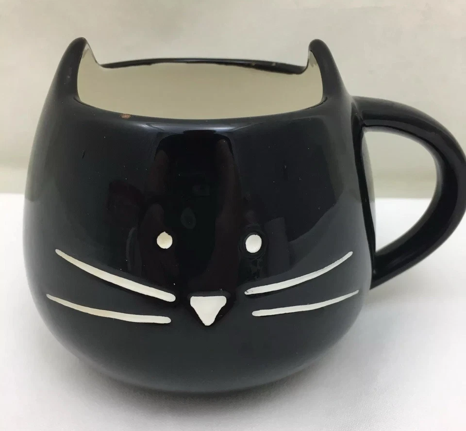 TAG Taza de café gato negro, taza de té, bigotes blancos ¡ojos y nariz! Halloween ~ Usado en Excelente Condición Foto 3 de 4