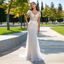 Sequin Wedding Dress Short Sleeve V Neck Backless Beading Mermaid Bride Gowns