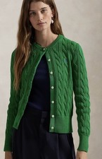 NWT Polo Ralph Lauren Cable-Knit Cotton Crewneck Cardigan Green Women's XS