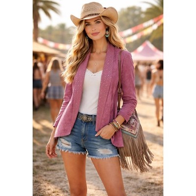 IMAN Genuine Suede Leather Jacket Size L Western Boho Chic Studded Festival