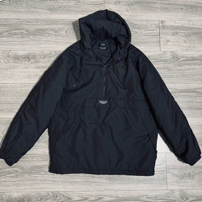 Bershka Mens Solid 304 Half Zip Anorak Hooded Windbreaker Puffer Jacket Black M