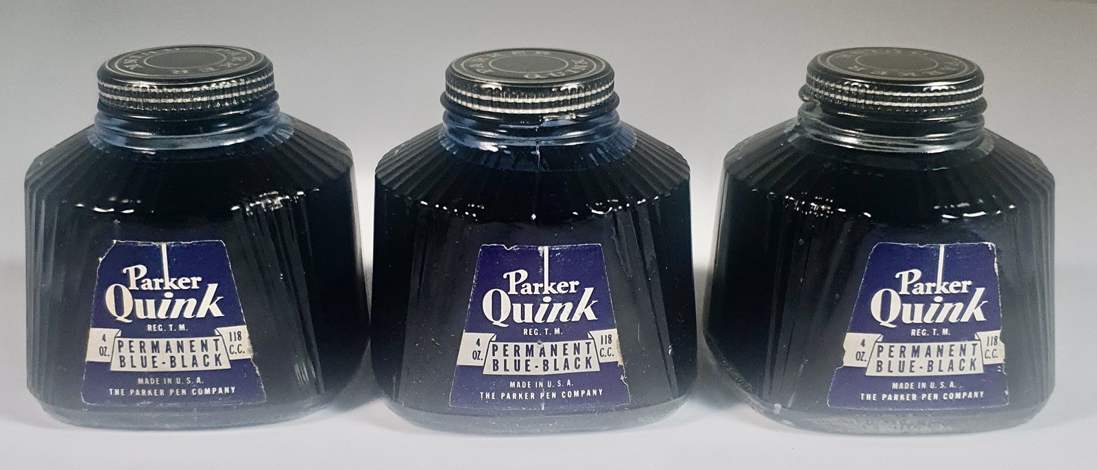 Vintage Parker QUINK 4 OZ. Permanent Blue Black Ink Bottle x 3