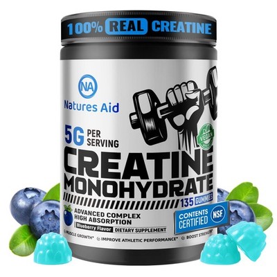 Natures Aid NSF Certified Creatine Gummy 5g 135 Count (Pack of 1), Blueberry