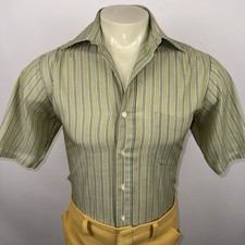 1960s Towncraft Plus Shirt Vtg Penneys MCM Mod Hipster Green Striped Mens Medium