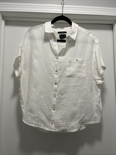 Camisa Nicole Miller Mujer’s L Blanco Lino Manga Corta Botón Madreperla - Imagen 1 de 12