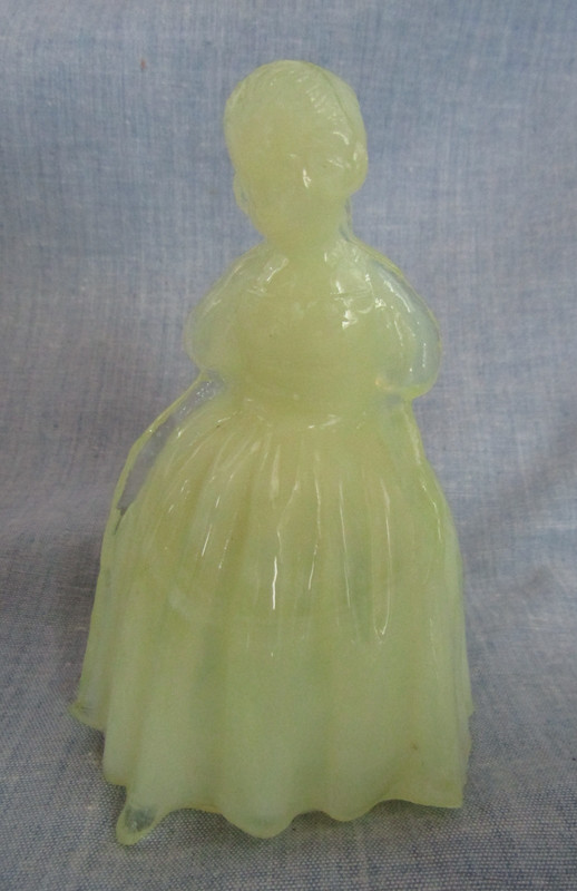 ROSSO GLASS CHARLOTTE COLONIAL LADY FIGURINE YELLOW OPALESCENT GLOWS URANIUM