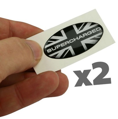 2xSupercharged Union Jack Oval Badge RangeRover Black Silver Decal Upgrade small