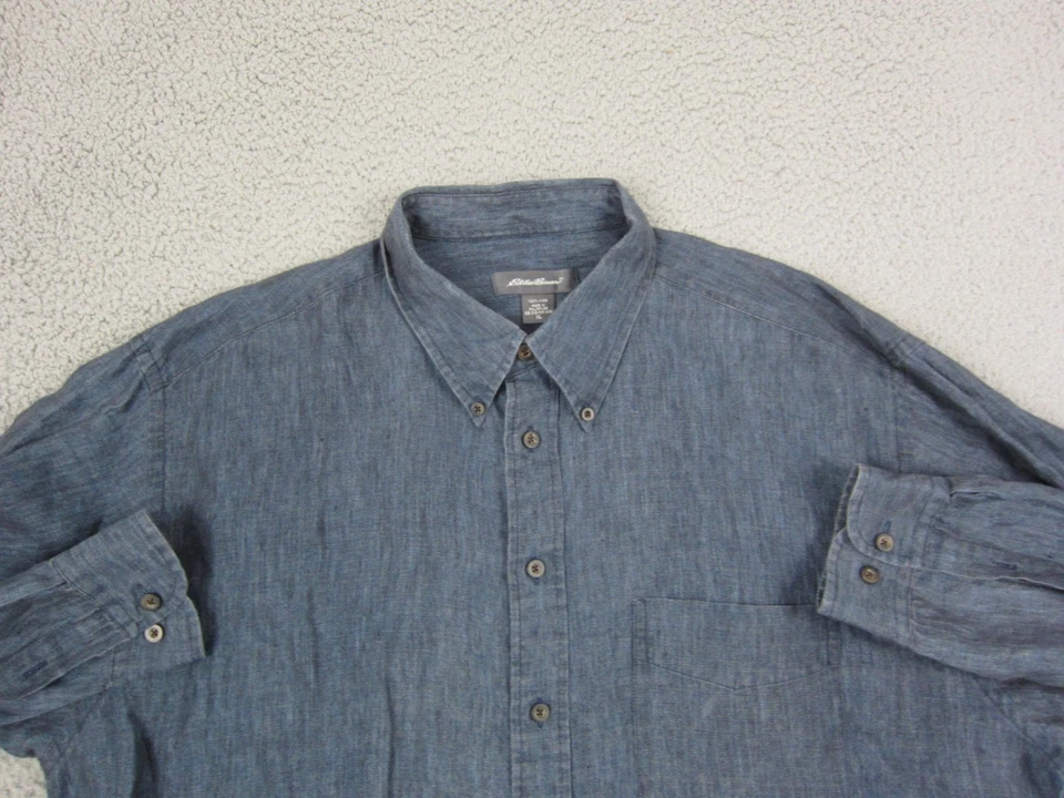 Eddie Bauer Shirt Adult Extra Large XL Blue 100% Linen Mens Button Down Casual - Image 2 of 4