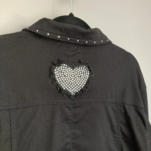 Denim Jacket Diamante Rhinestone Hearts Black Womens L Cutegoth Kawaii Glamrock - Picture 5 of 10