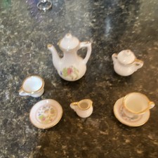 Miniature Porcelain Painted Tea Set, Floral  Gold Trim, 6 Pieces, Dollhouse