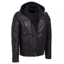 Men's Slim Fit Biker Removable Hood Motorcycle Black Genuine Leather Jacket