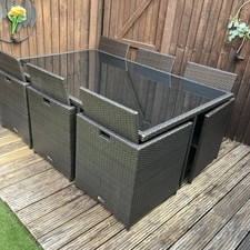 Outdoor Patio Set 6 Chairs & Cube Glasstop Rattan Table & Matching Footstalls