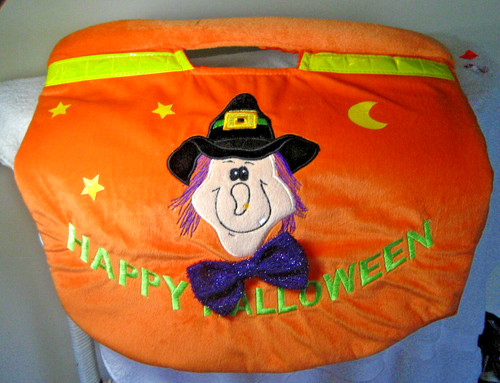 Unused Orange Halloween Soft Cloth Treat Bag 16" x 13" Handles Reflector Tape 