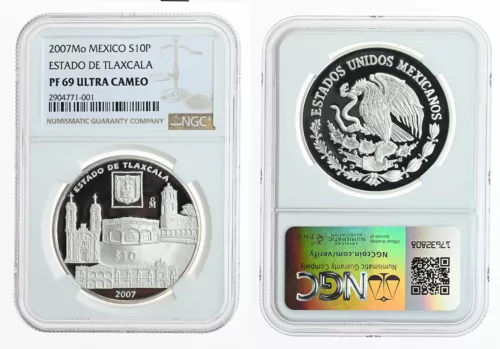 MEXICO 10 Pesos 2007 Silver 1oz. NGC PF69 UC 'Estado De Tlaxcala'