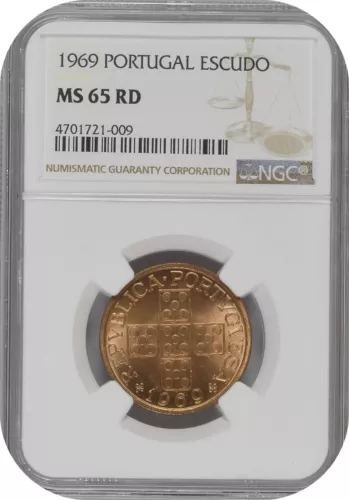 🟥 1 escudo 1969 Portugal NGC MS65 RD