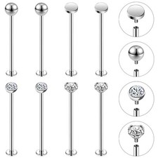8Pcs 16g Stainless Steel Long Lip Studs CZ Crystal Cheek Dimple Piercing Jewelry