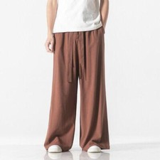 Men's Wide Leg Pants Loose Casual Linen Long Trousers Chinese Kung Fu Pants