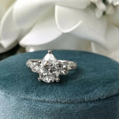 14K White Gold Finish 3CT Pear Shape Lab Created Diamond Engagement 3-Stone Ring - Picture 1 of 6