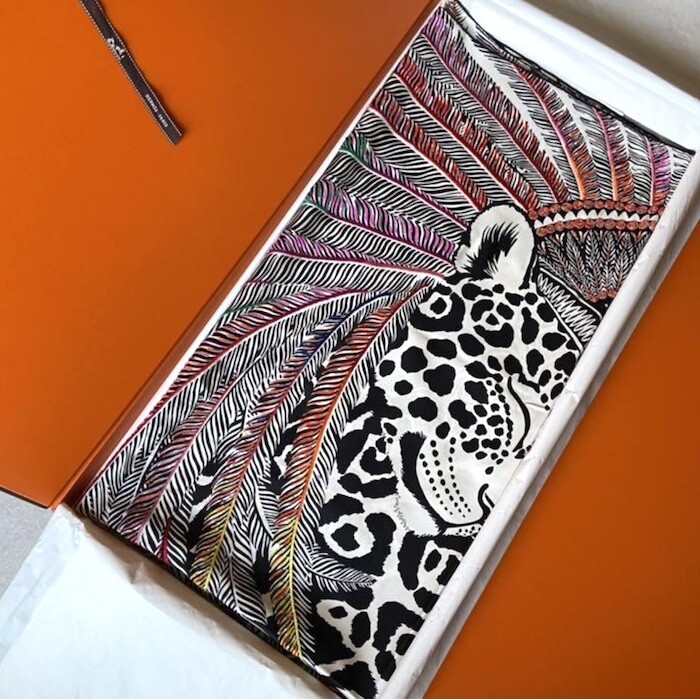 Hermes Shawl Scarf Jaguar Quetzal Beads Embroidery Silk Hermes Shawl Scarf Jaguar Quetzal Beads Embroidery Silk