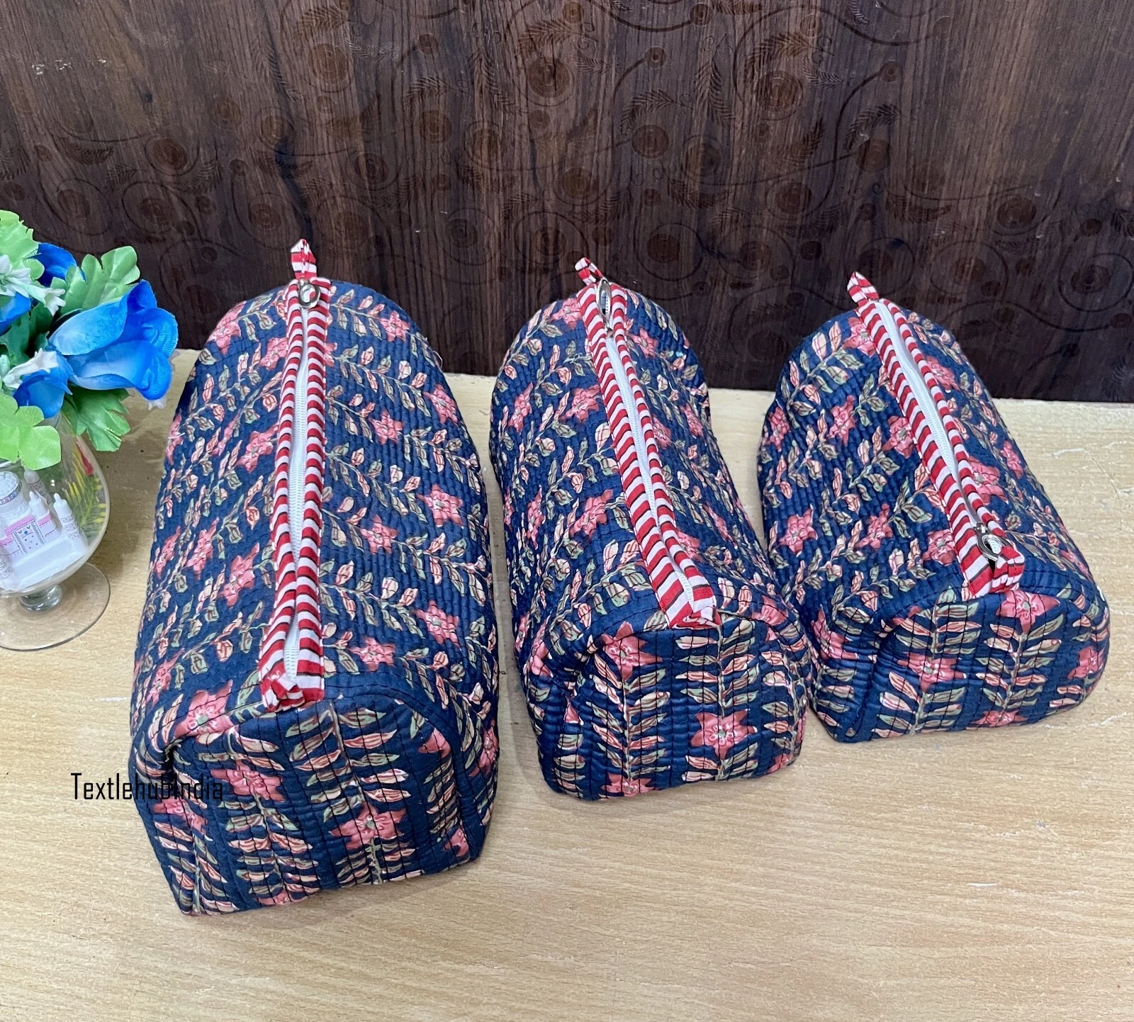 Indian Floral Printed Cotton Quilted Toiletry Purse Cosmetic Storage Bag Of 3 Pc