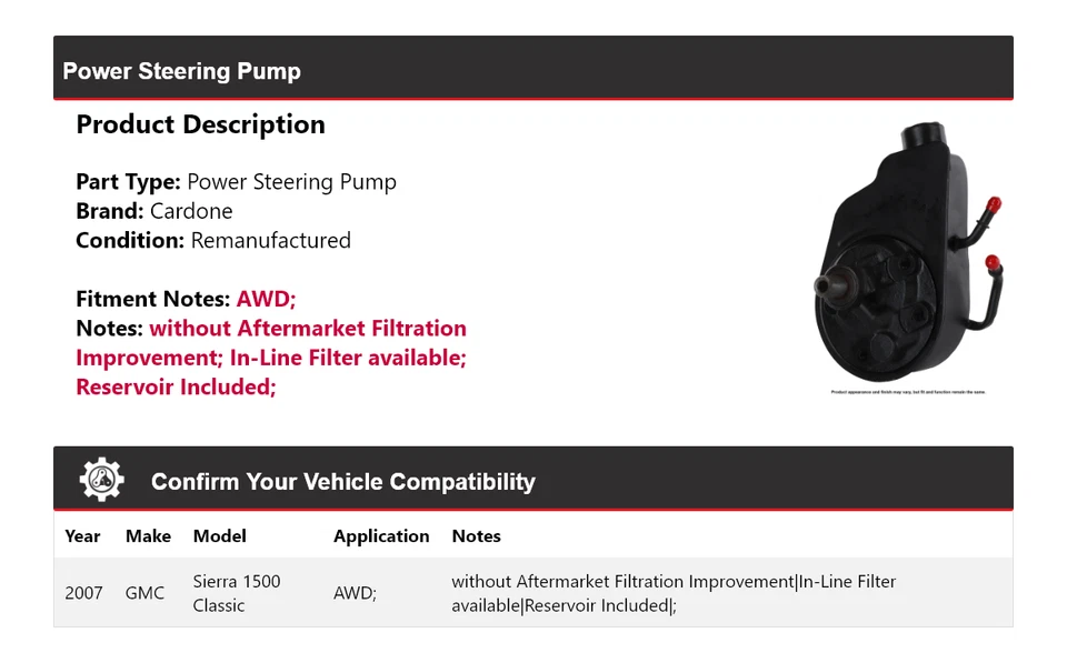 Bomba de direção hidráulica Cardone para 2007 GMC Sierra 1500 Classic AWD - Imagem 2 de 4