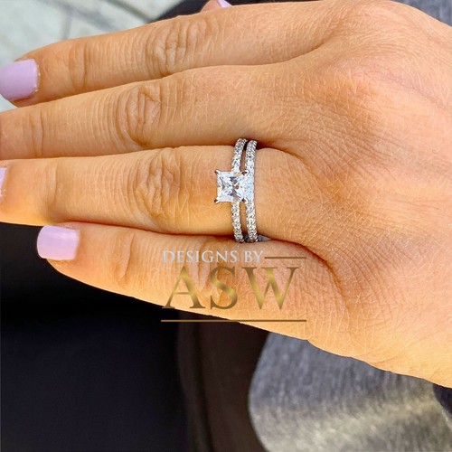 14K SOLID WHITE GOLD PRINCESS SIMULATED DIAMOND ENGAGEMENT RING AND BAND 2.00CT - Picture 8 of 10