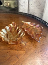 2 Vtg  Carnival Iridescent Jeanette Glass Marigold Leaf Shaped Relish dishes