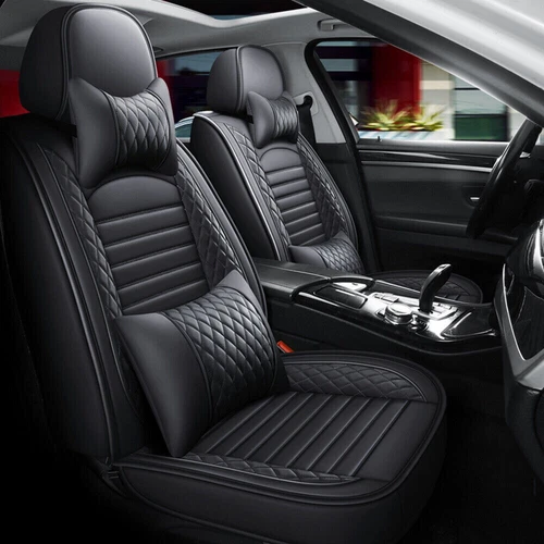 FAUX Leather Car Seat Covers Full Set for Cars Trucks SUVs Black Auto Interior