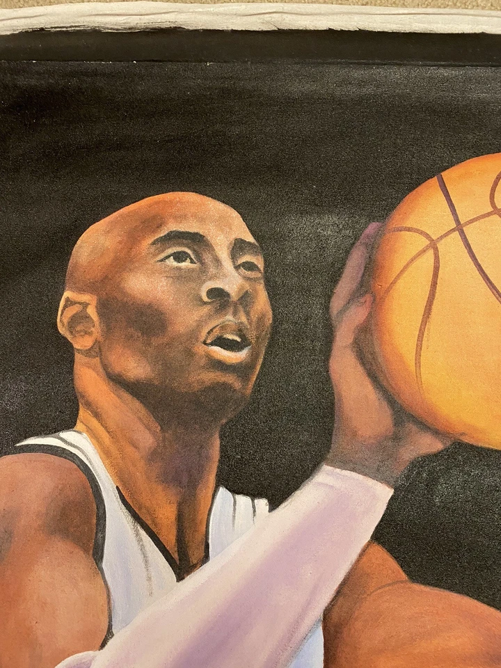 1 из 1 РЕДКИХ холщовых плакатов с ручной росписью маслом Kobe Bryant Lakers 35 дюймов x 28 дюймов - Изображение 2 из 4