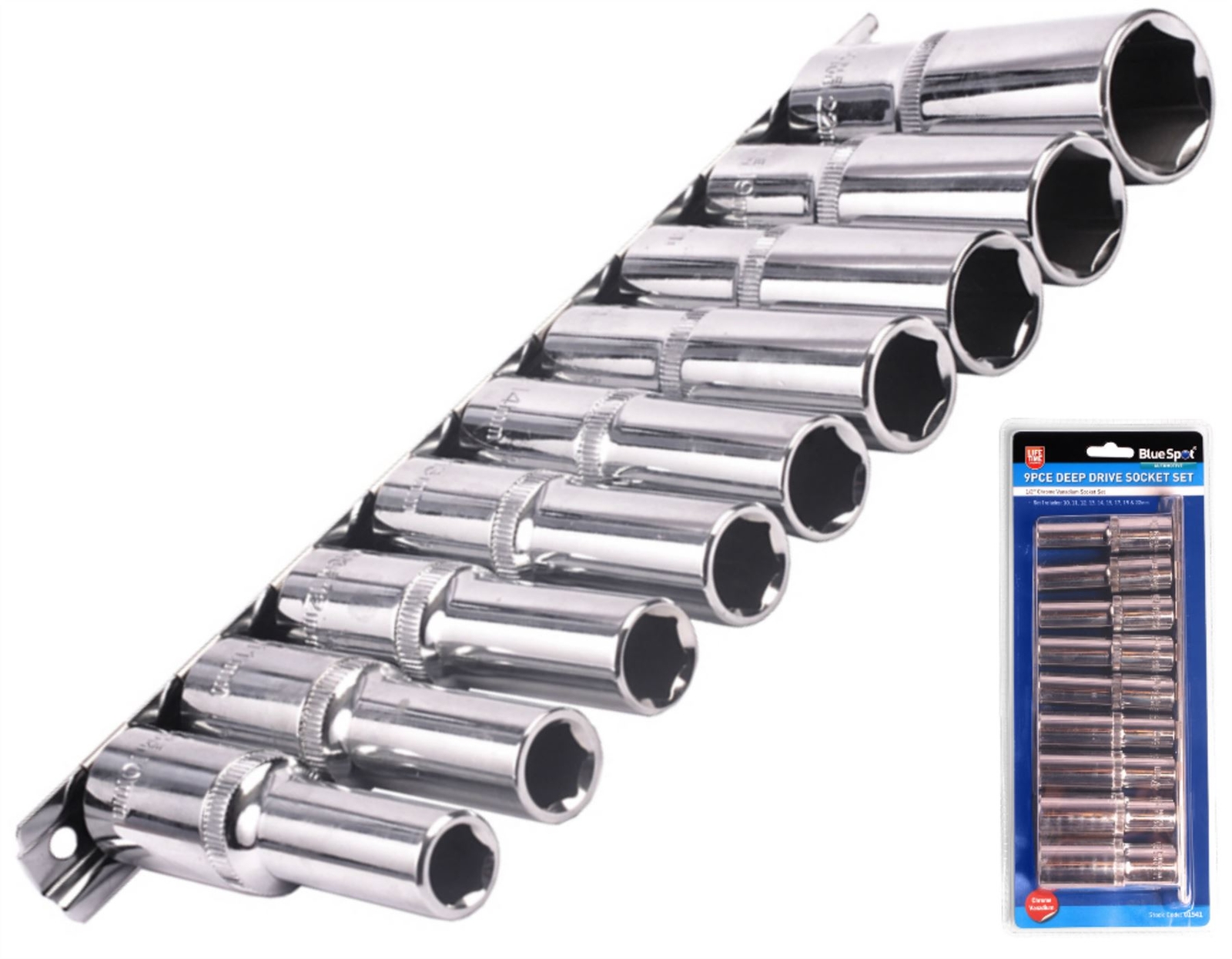 Bluespot Metric Deep Socket Set/ Long Reach Sockets On Rail 1/2"" Drive 10-22mm