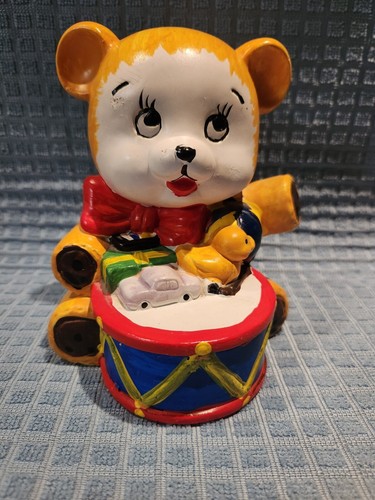 ADORABLE Vintage Ceramic Teddy Bear w/ Toys & Drum Piggy/Coin Bank 5 1/2"
