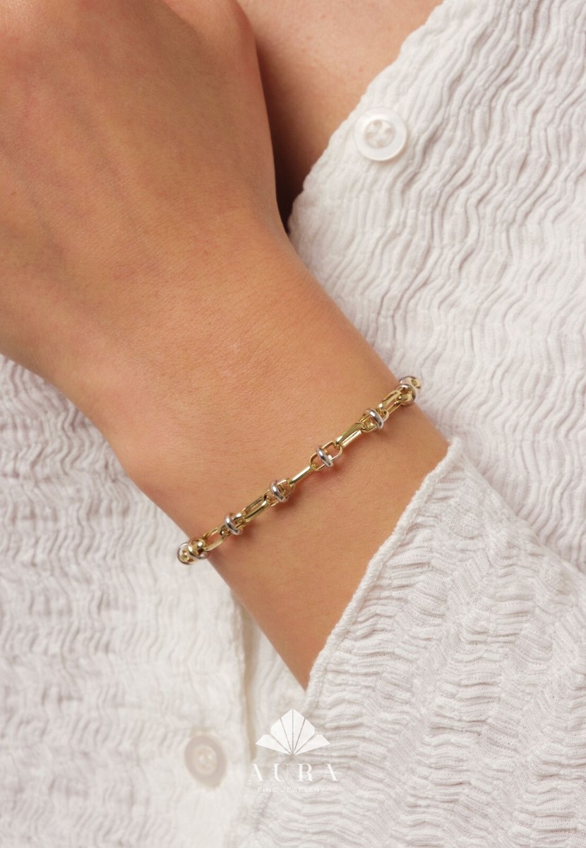 14K Gold Two Tone Chain Bracelet, Vintage Fancy Design Gold