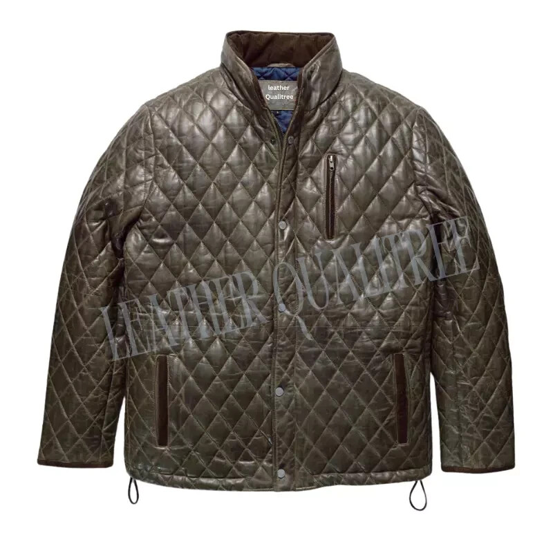 Men's Quilted Lambskin Leather Jacket Military Zipper Style Gift For Him  