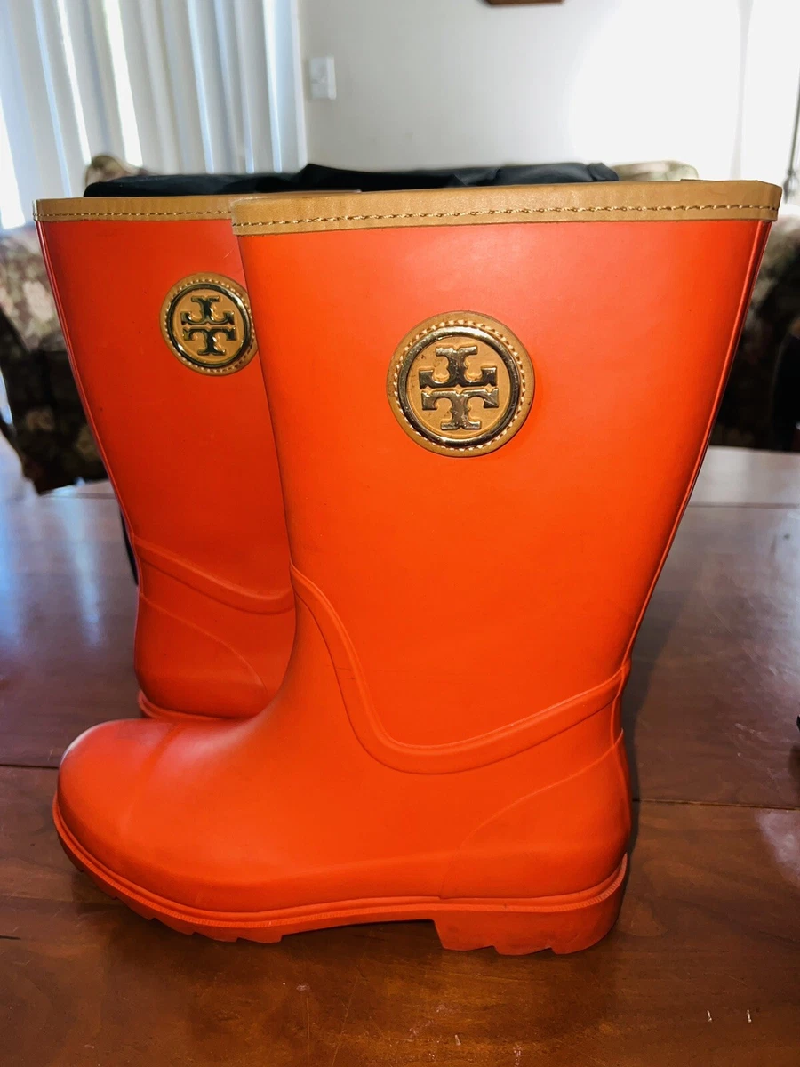 TORY BURCH MAUREEN RAIN BOOT TORY Orange Used Brown Details SIZE 9