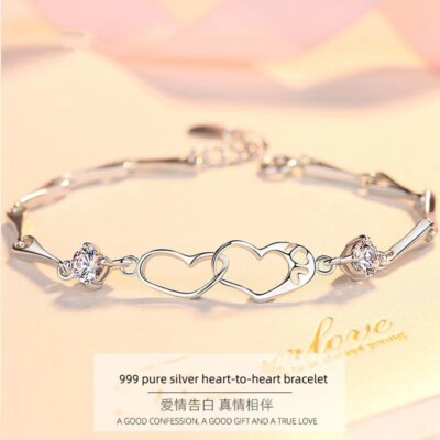 Real Pure Silver 999 Bracelet Solid Silver Heart Link For